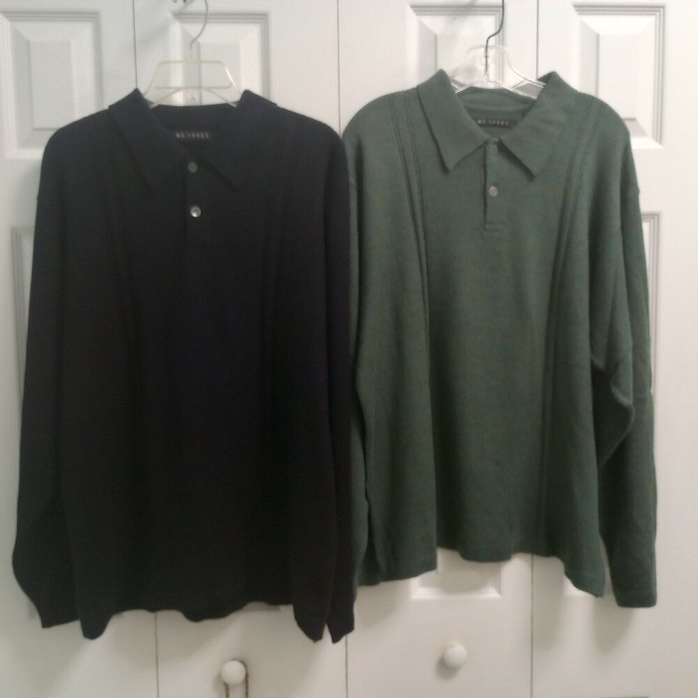 2 Knit Polo Pullovers sz L Black Green Long Sleeve Collared Winter